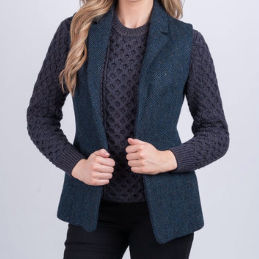 Celtic‎ Lady Of Irish Heritage Gilet Women's 8 Blue Herringbone Tweed Preppy